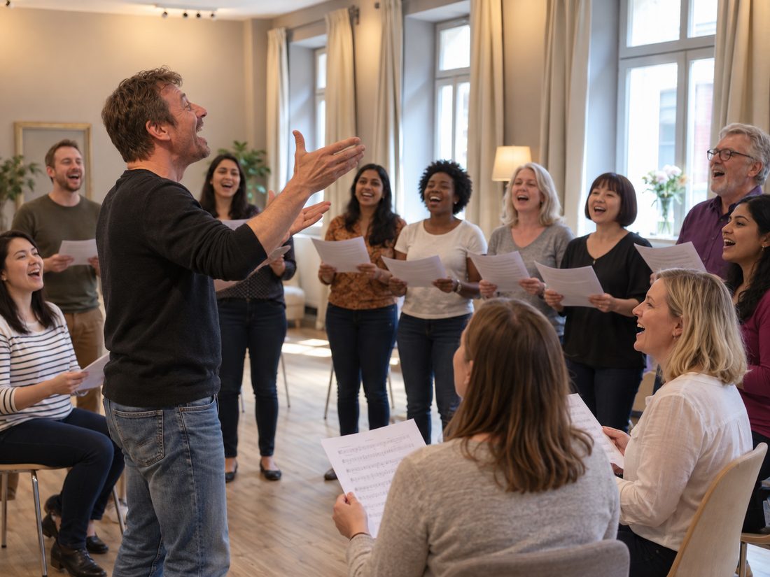 Chorprobe in gemütlicher Runde, Josef dirigiert.