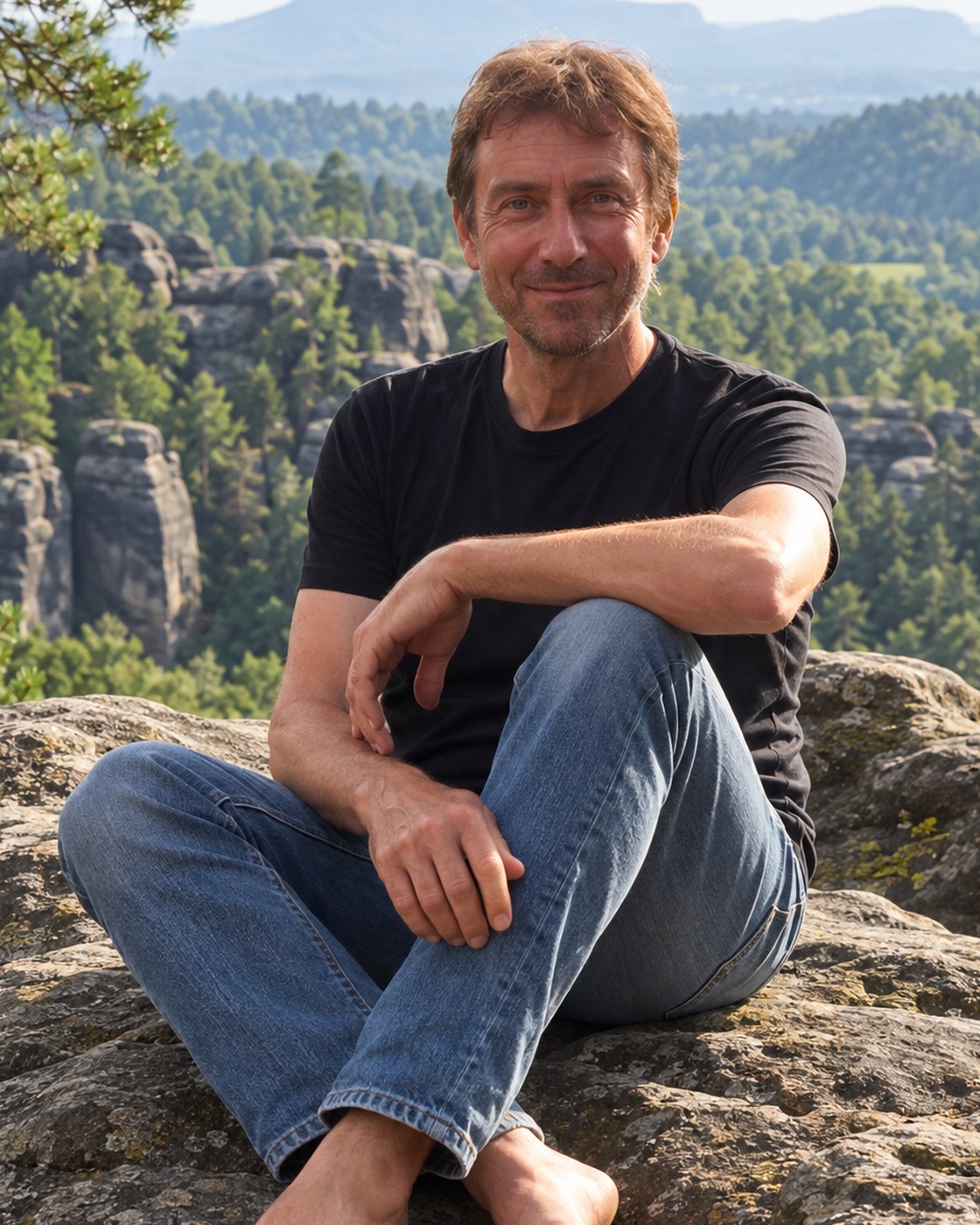 Josef, Chorleitung des Fürther Kleeblatt-Chors, sitzt lächelnd auf einem Felsen in der Sächsischen Schweiz.